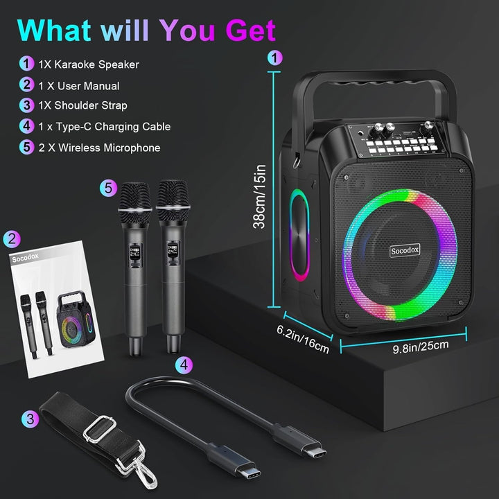 Karaoke Maschine,30W Tragbare Bluetooth Lautsprecher mit 2 Drahtlosen Mikrofon,6000mAh Akku 8H Spiel
