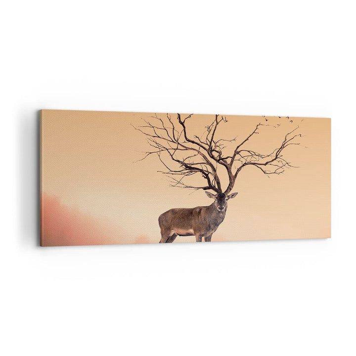 Panorama Bilder auf Leinwand 100x40cm Leinwandbild Hirsch Baum Nebel Wald Gross Wanddeko Bild Schlaf