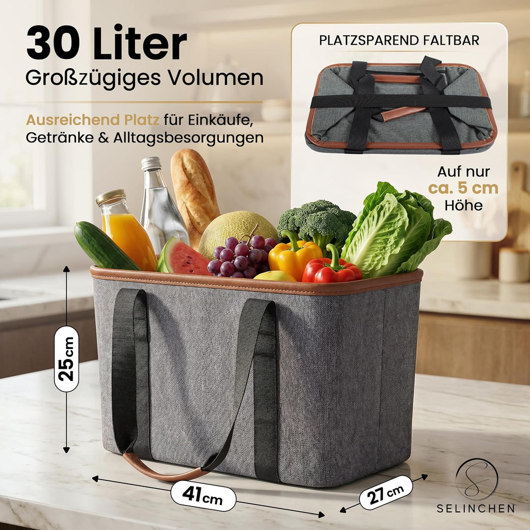 Selinchen® - Premium Einkaufskorb | Hochwertige Einkaufstasche faltbar und mit PU-Ledergriff | Ideal