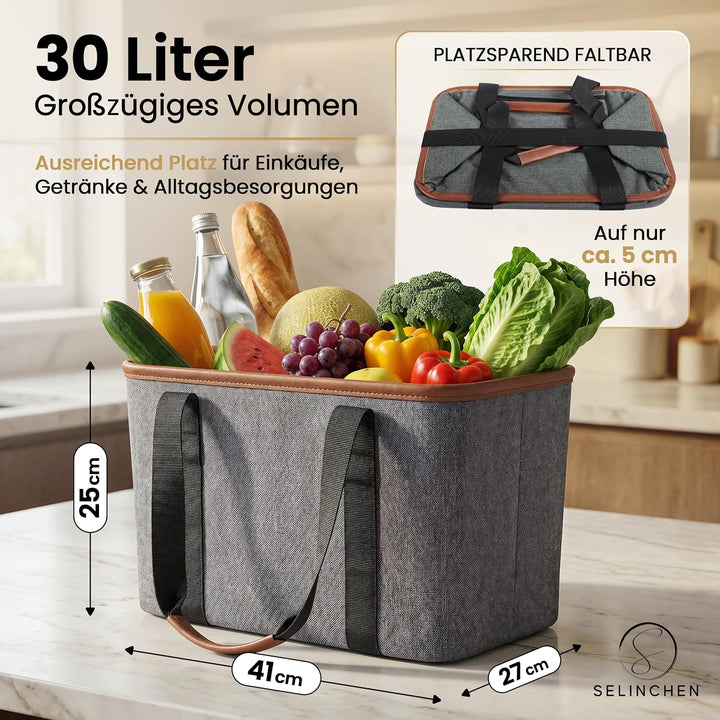 Selinchen® - Premium Einkaufskorb | Hochwertige Einkaufstasche faltbar und mit PU-Ledergriff | Ideal