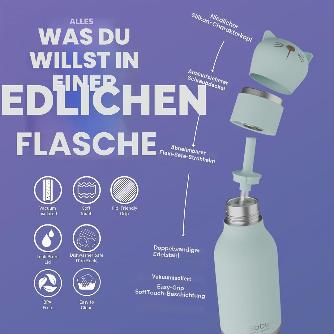 ASOBU Bestie Kindertrinkflasche mit Strohhalm – Isolierte Edelstahlflasche 420ml mit Katzenkopf – Au