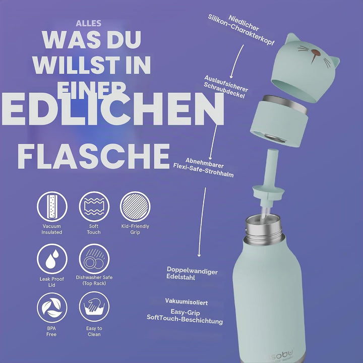 ASOBU Bestie Kindertrinkflasche mit Strohhalm – Isolierte Edelstahlflasche 420ml mit Katzenkopf – Au