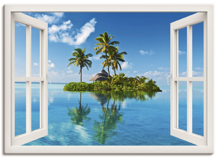 ARTland Leinwandbilder Wandbild Bild auf Leinwand 100x70 cm Fensterblick Fenster Meer Insel Palmen K