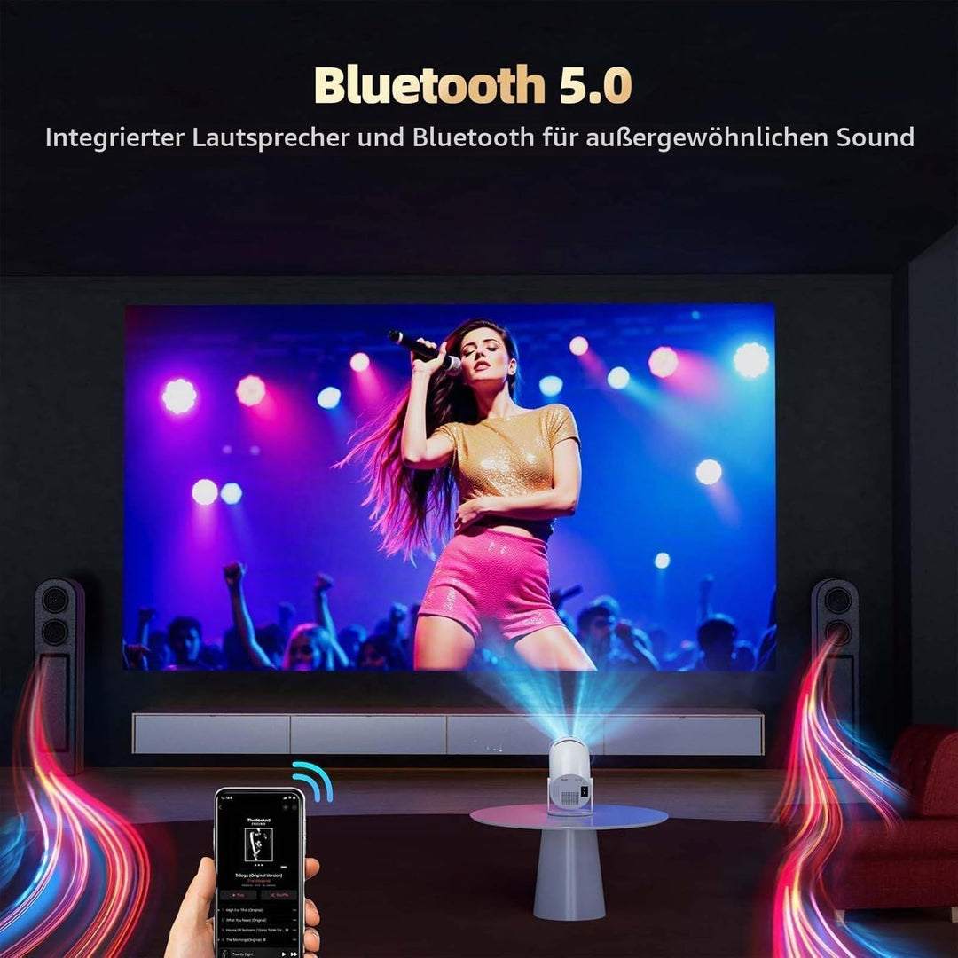 Beamer Unterstützt 4K, Projektor Heimkino mit WLAN und Bluetooth, 270° Drehung, Automatische Vertika