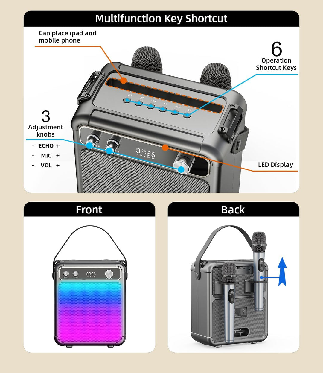 Karaoke Maschine mit 2 Mikrofonen, tragbarer Bluetooth Karaoke System mit LED Lichtern, Stereo TWS,