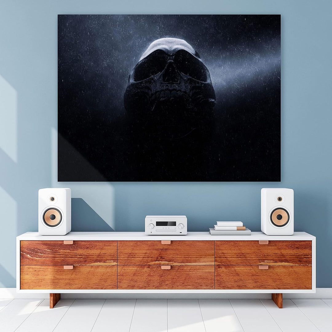 wandmotiv24 Totenkopf Wandbild aus Acrylglas, Grösse 60x45cm, Querformat, Schwarzer Schädel im Regen