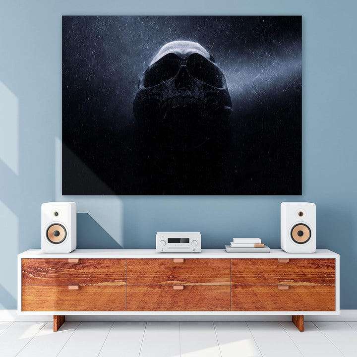wandmotiv24 Totenkopf Wandbild aus Acrylglas, Grösse 100x75cm, Querformat, Schwarzer Schädel im Rege