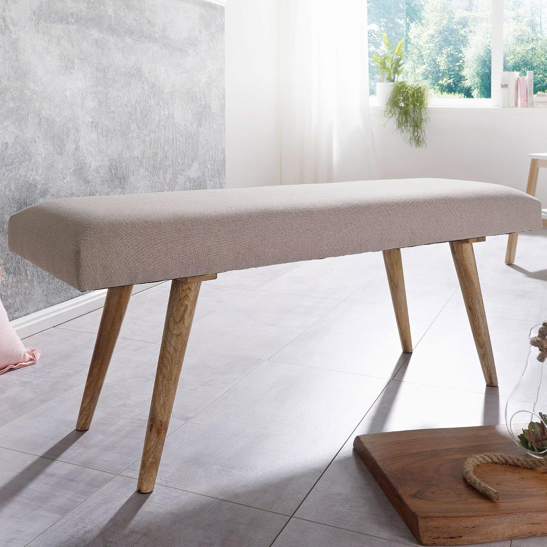 FineBuy Sitzbank Stoff/Massivholz Bank beige 117x51x38 cm im Retro Stil | 2er Polsterbank Flur | Gep
