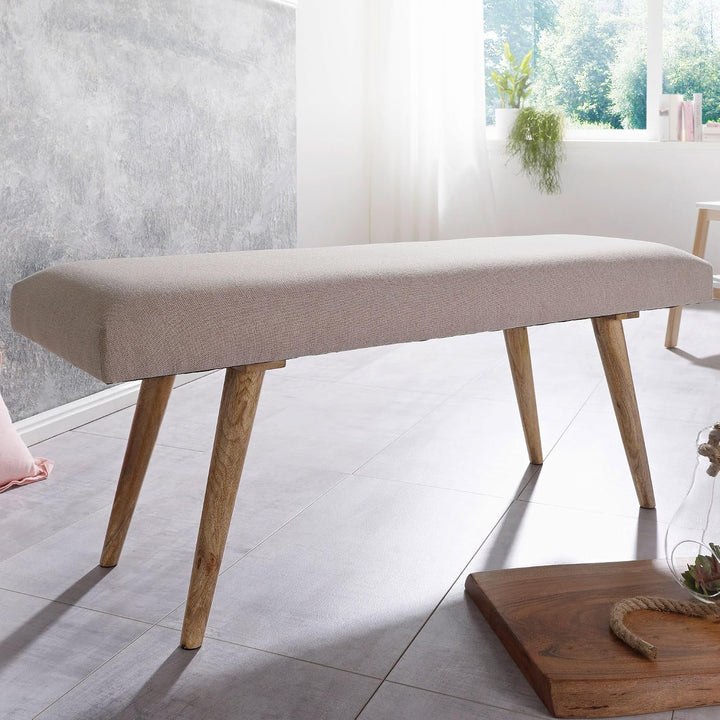 FineBuy Sitzbank Stoff/Massivholz Bank beige 117x51x38 cm im Retro Stil | 2er Polsterbank Flur | Gep