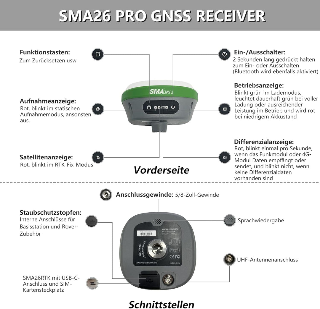 SMA26 Pro Base RTK-Vermessungssystem, Basisstation, GNSS-Empfänger, Neigungskompensation, 4G/WiFi/Bl