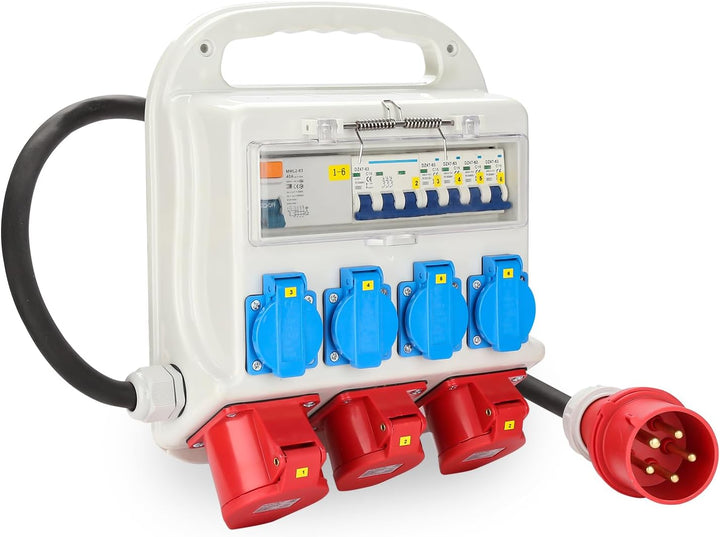 Fiqops Baustromverteiler 32a, Stromverteiler 4x230V+2x16A 400V CEE+1x32A 400V CEE, Wandverteiler mit