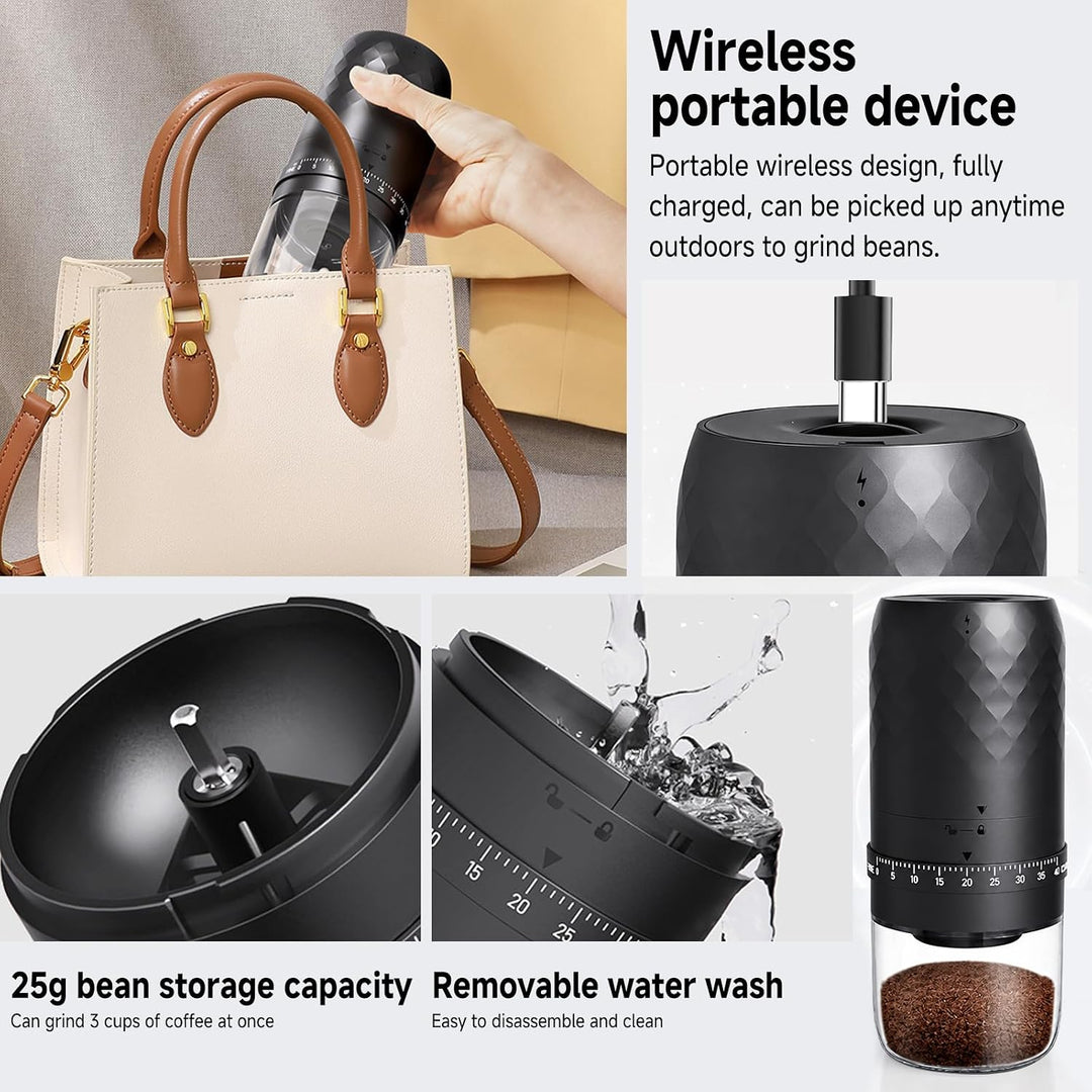 Kaffeemühle Elektrisch, tragbar mit Kegelmahlwerk und 5 einstellbaren Mahlgraden, USB Schnellladung