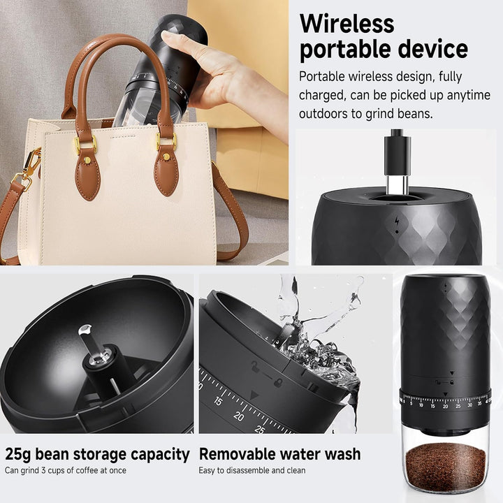 Kaffeemühle Elektrisch, tragbar mit Kegelmahlwerk und 5 einstellbaren Mahlgraden, USB Schnellladung