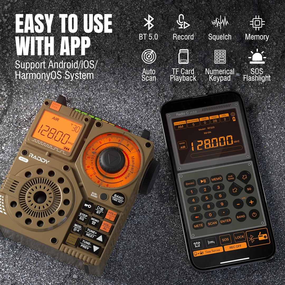 Raddy RF320 Kurzwellenradio mit App-Steuerung, FM/AM/VHF/SW/AIR-Empfänger unterstützt Bt/TF-Karte, w