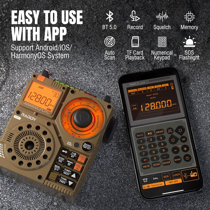 Raddy RF320 Kurzwellenradio mit App-Steuerung, FM/AM/VHF/SW/AIR-Empfänger unterstützt Bt/TF-Karte, w