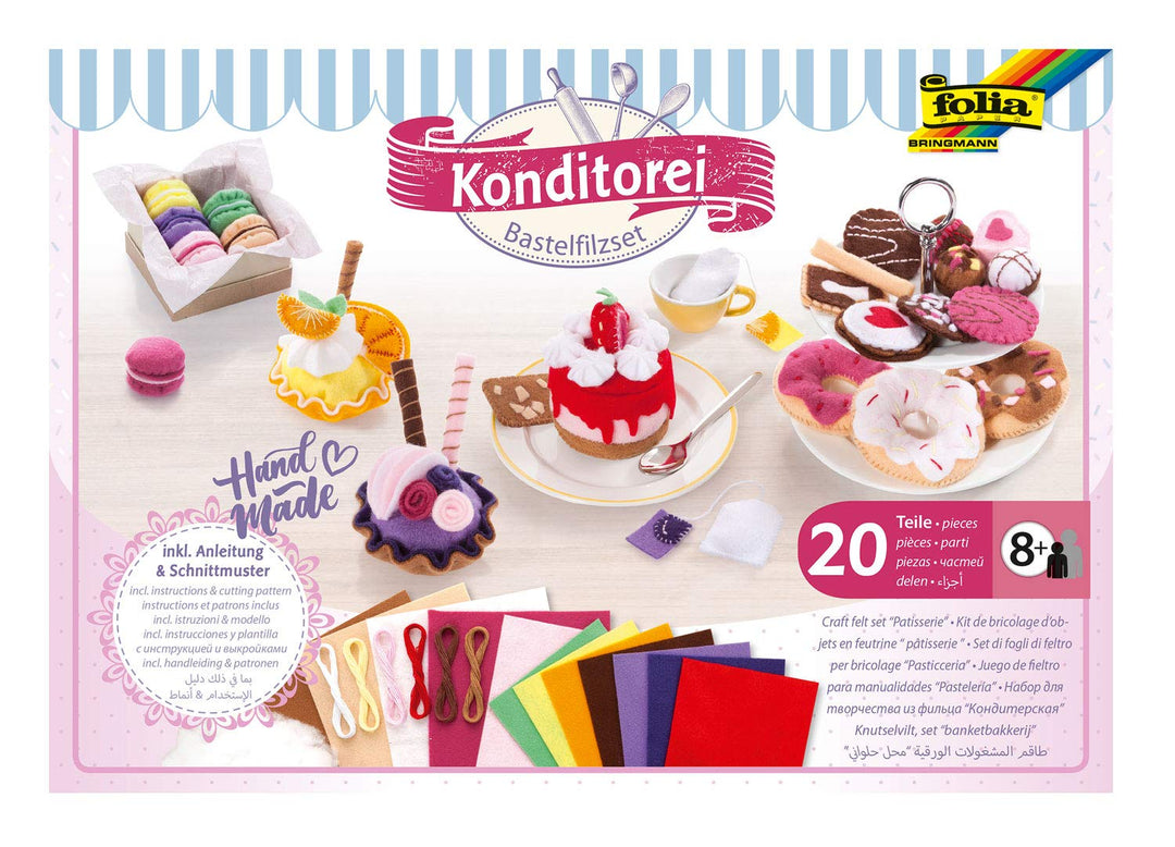 folia 51029 - Bastelfilzset Konditorei 20 teilig, umfangreiches Bastelset zum Gestalten von Kauflade