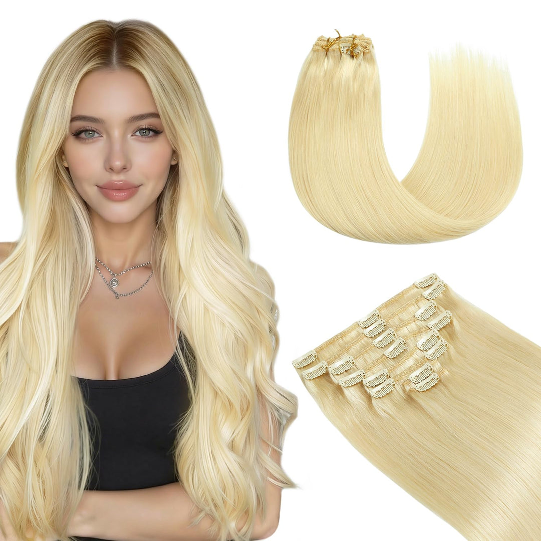 YILITE Clip in Extensions Echthaar Blond 40cm 100% Echthaar Extensions Clip 16 Zoll 8 Stück 120g Uns