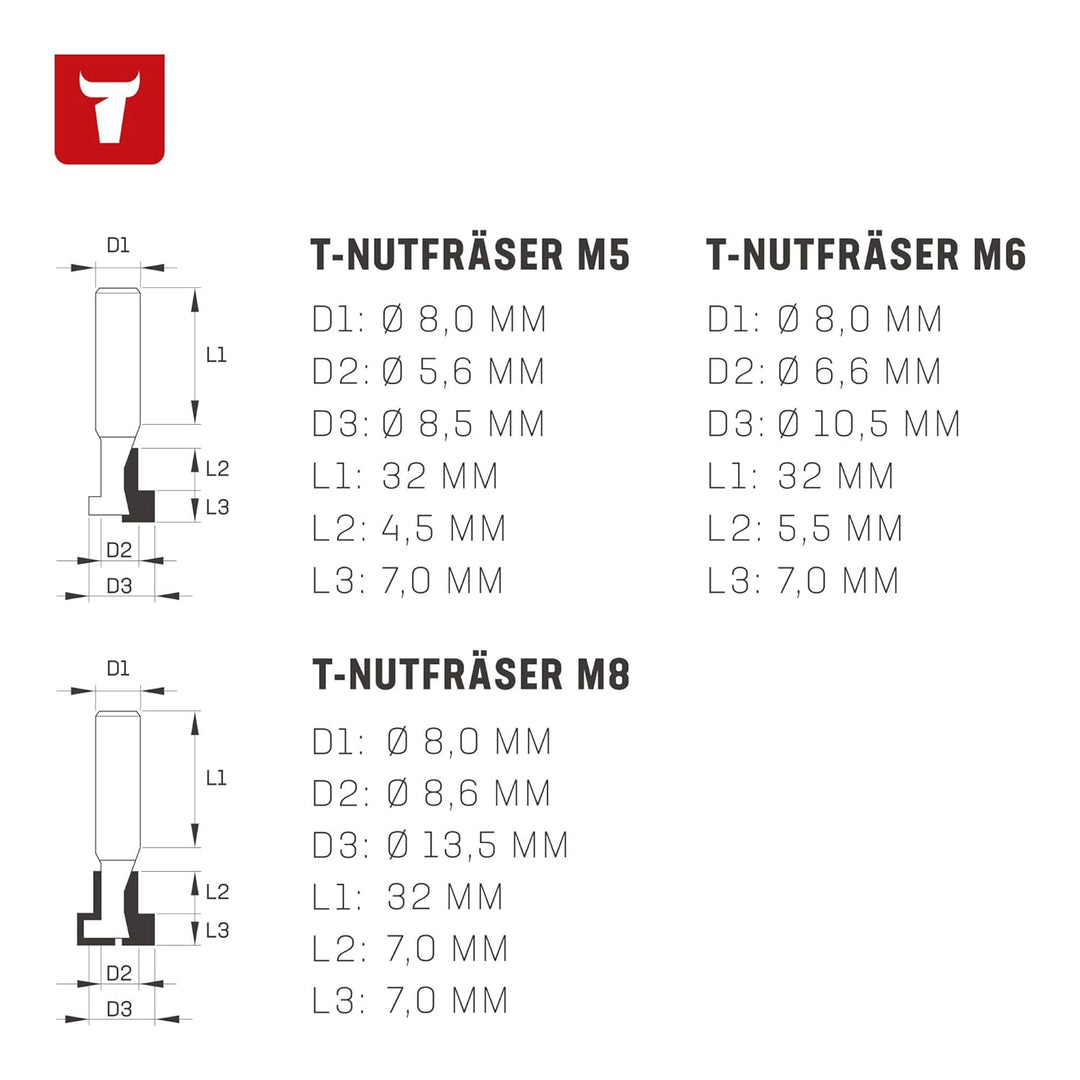 STIER T-Nutfräser-Set 3-teilig M5 M6 und M8 Schrauben, 8 mm Schaft, für Oberfräsen, T Nut Fräser, T