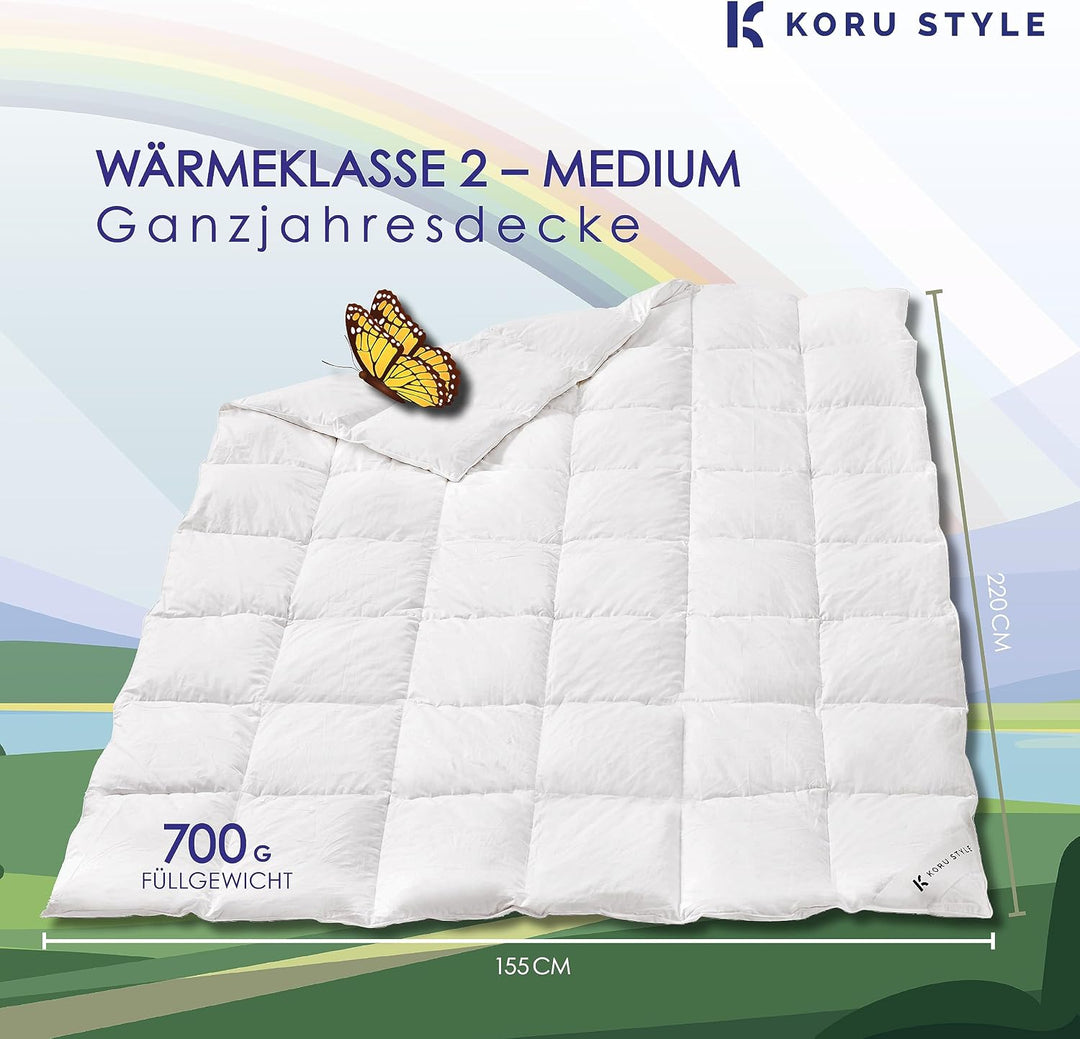 Koru Style Superior Daunen Bettdecke 155x220 cm – 90% Landdaunen / 10% Federn – leichte Sommerdecke