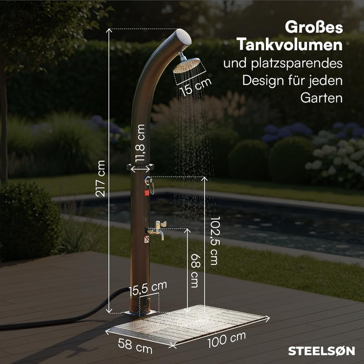STEELSØN Selara Solardusche 20 L mit Bodenplatte – Gartendusche bis 60° C – Pooldusche gebogen Campi