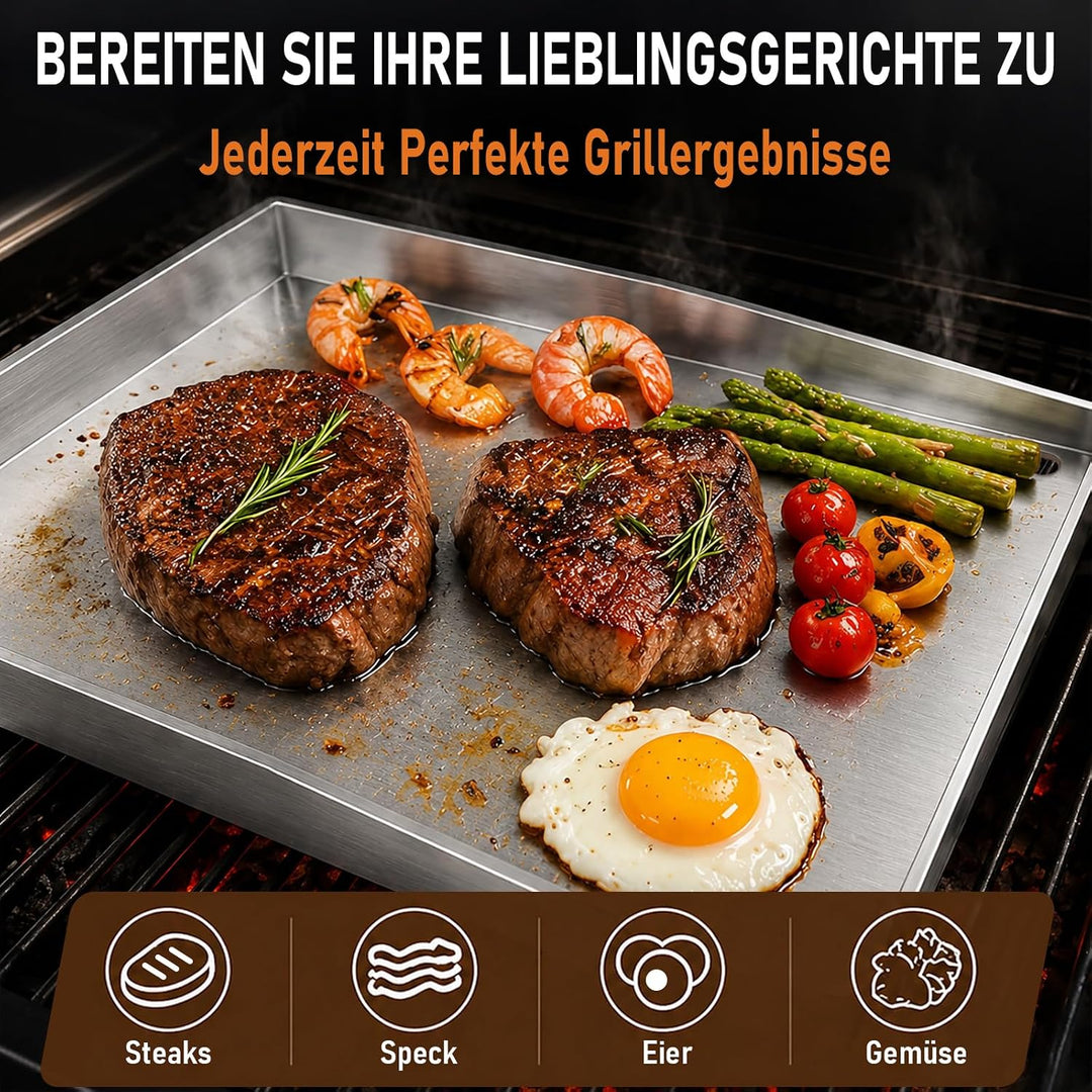 Plancha Grillplatte Set 40 x 30cm, 4mm Edelstahl Grillplatte mit 5 Stücke BBQ Grillbesteck Set Dicke