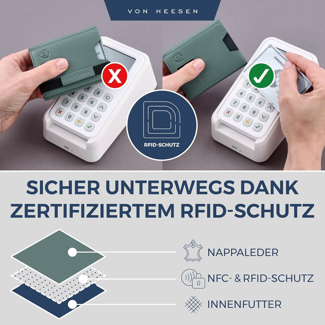 VON HEESEN Slim Wallet mit XL Münzfach &amp; RFID-Schutz - Leder Geldbeutel - Mini Geldbörse für Herren