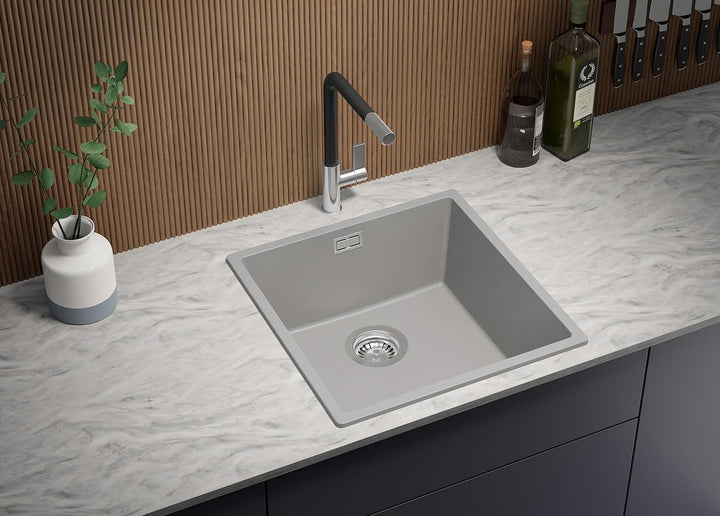 Spülbecken Grau 46 x 47 cm, Granitspüle 1 Becken + Ablauf-Set, Einbauspüle ab 50er Unterschrank, Küc