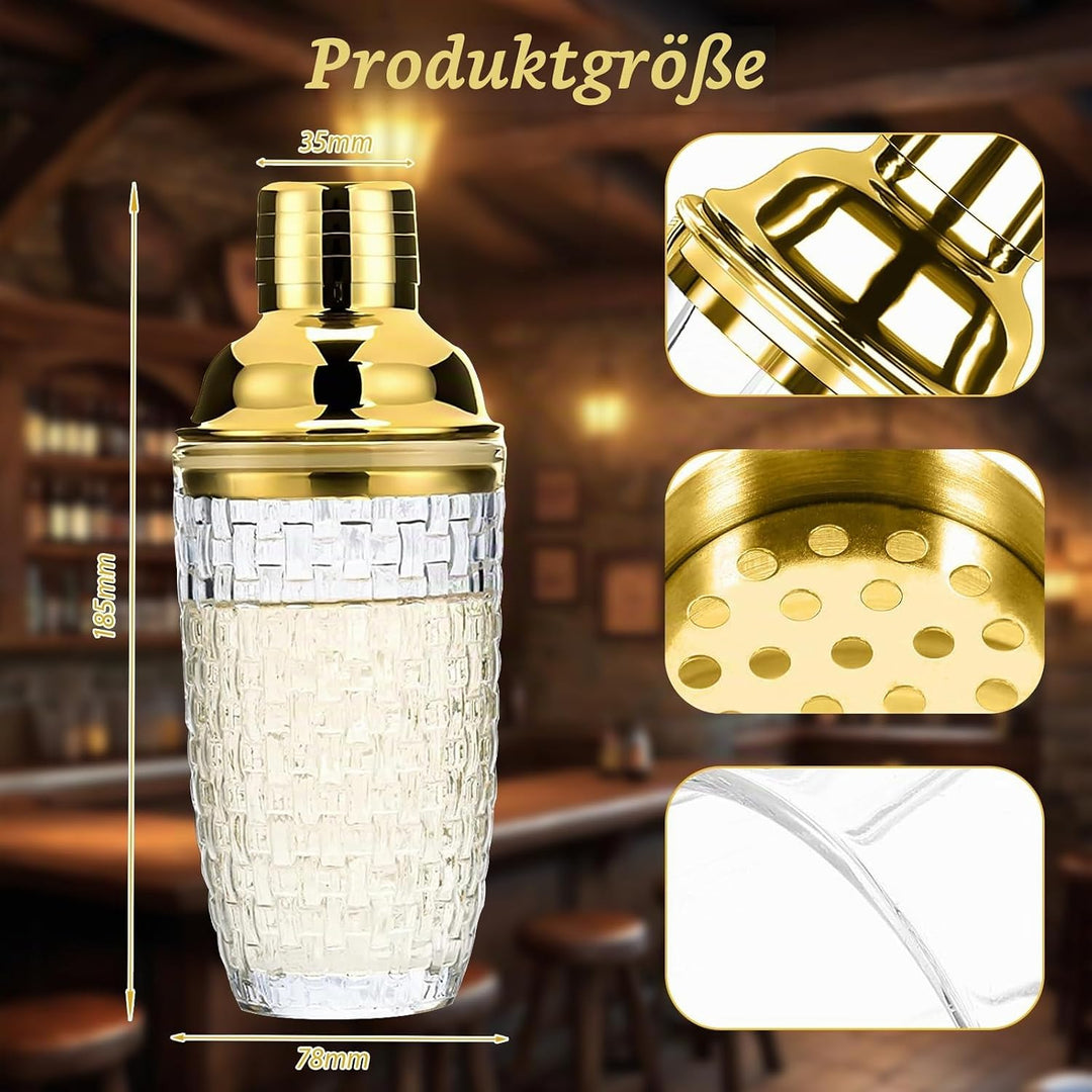 Glas Cocktailshaker400ml,Strickmuster Gold Klarglas Cocktail Shaker Set,Cocktail Shaker Glas Mixer m