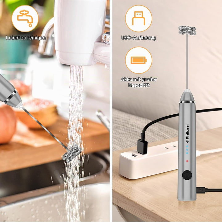 Philorn Milchaufschäumer Stab, Milchaufschäumer Elektrisch Stab Hand Held, 3-Gang USB Aufladbar Aufs