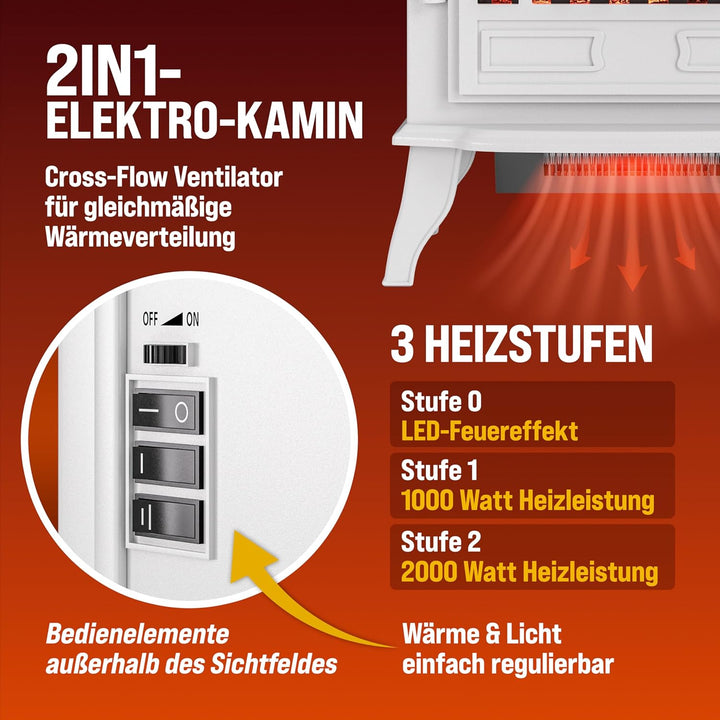 Elektrokamin mit Heizer Kaminfeuer LED elektrischer 2000W Heizlüfter weiss Elektroofen mit Flammen