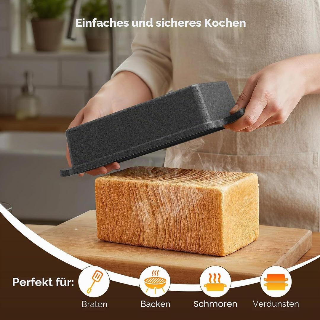 Brotbackform aus Gusseisen – 32cm Gusseisen Topf Brot backen mit Deckel, rechteckiger Brotbacktopf,