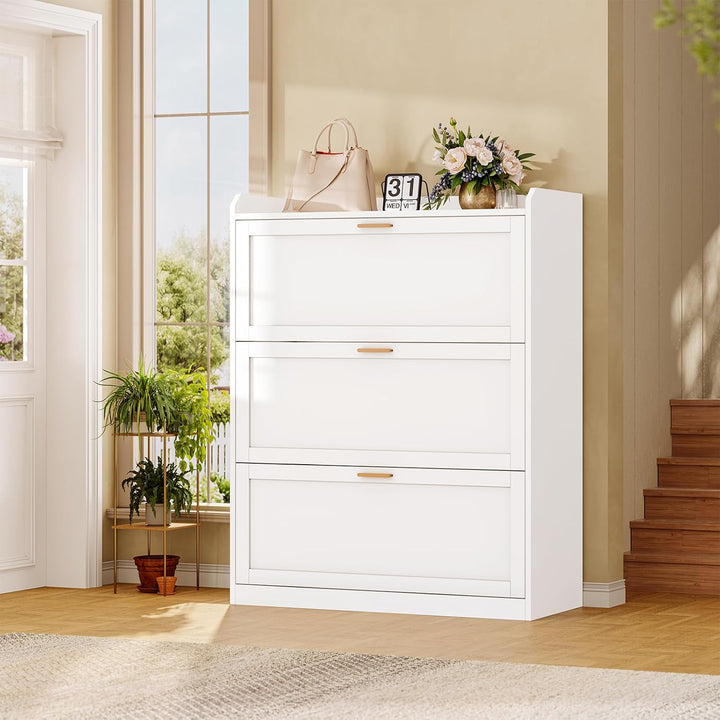 Schuhschrank mit 3 Klappen, Schuhkipper Schmal, Trennwand Verstellbar, für 16-24 Paar Schuhe, Flur,