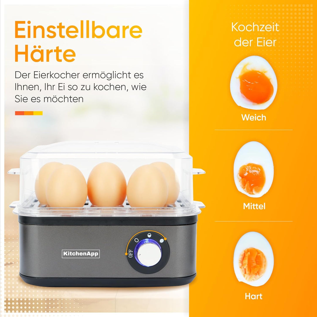 Eierkocher Edelstahl für 1 bis 8 Eier mit elektronischer Kochzeitüberwachung, inkl. Messbecher mit E