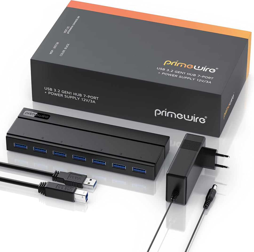 CSL - USB Hub 3.2 Gen1 mit Netzteil aktiv - aktiver 7 Port Verteiler - inkl. 1x 12V 3A DC-Hohlstecke