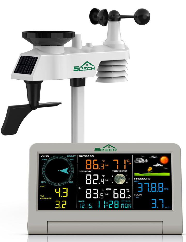SQECH Wetterstation Funk mit Windmesser und Regenmesser, Aussensensor, 7-in-1 Wetterstationen Innen