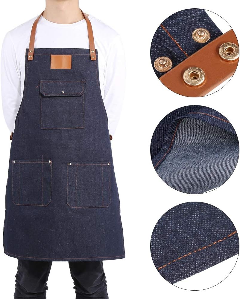 Strapazierfähige Denim-Lätzchenschürze, Jeans-Küchenschürze, verstellbarer Lederriemen, für Bäcker B