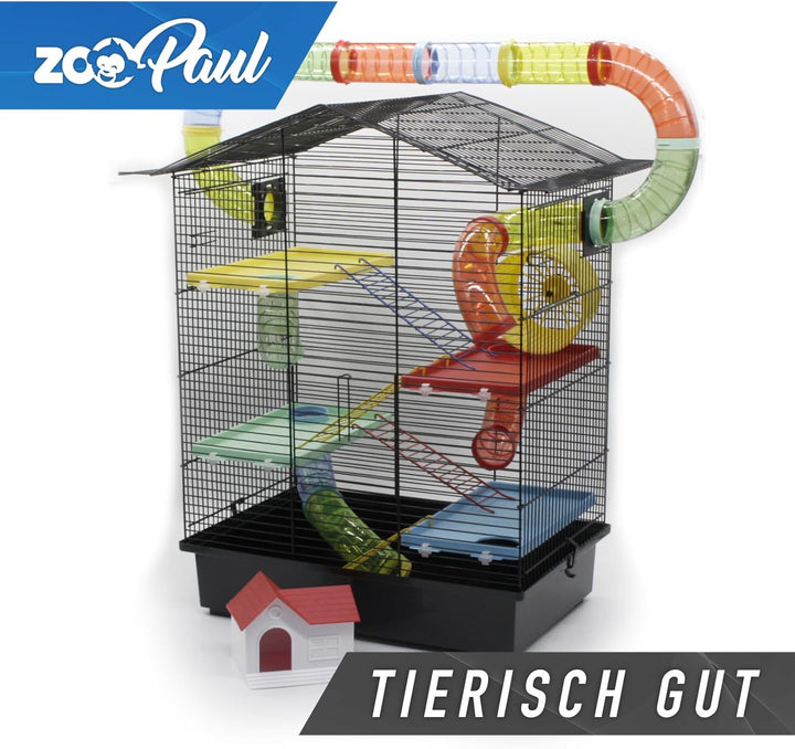 ZooPaul XXL Nagerkäfig Hamsterkäfig schwarz bunt Maus Käfig inklusive Tunnelsystem viel Zubehör, sch