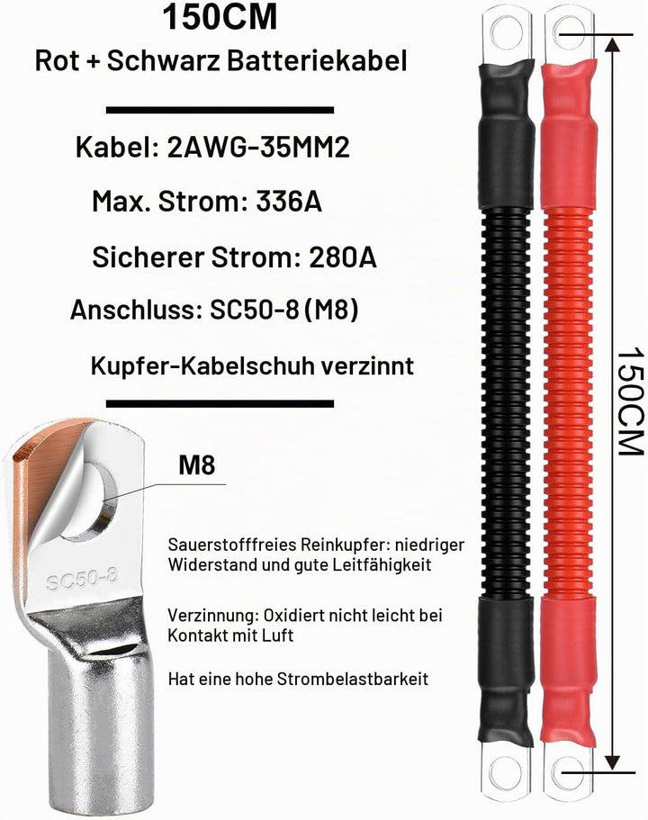 DIHOOL batteriekabel 35mm2 m8 150cm 2 AWG Silikonkabel Wellrohr Kabelrohr Weich und Flexibel Hitzebe