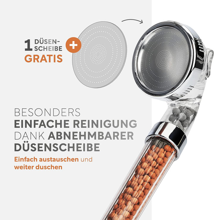 Premium Duschkopf mit Mineralsteinen von happydrop - Die wassersparende Handbrause druckerhöhend mit