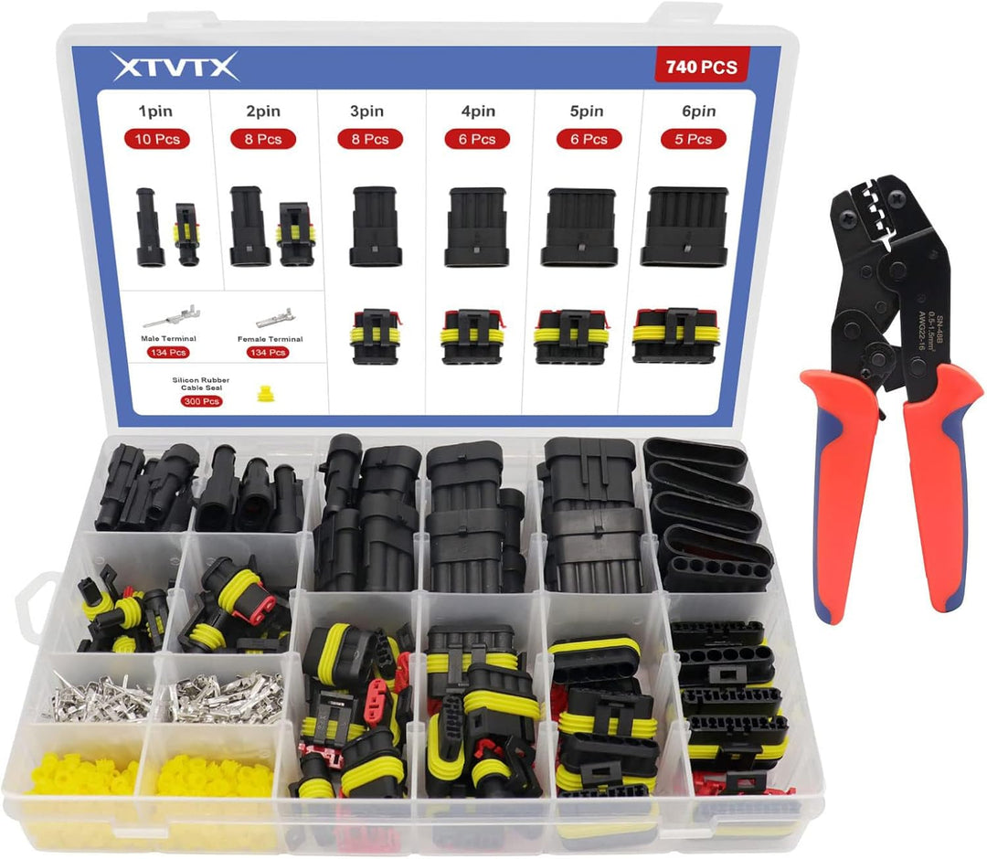 740pcs kfz Stecker,kfz Steckverbinder,kfz Stecker Wasserdicht,Wasserdichte Stecker 12v,mit Crimpzang