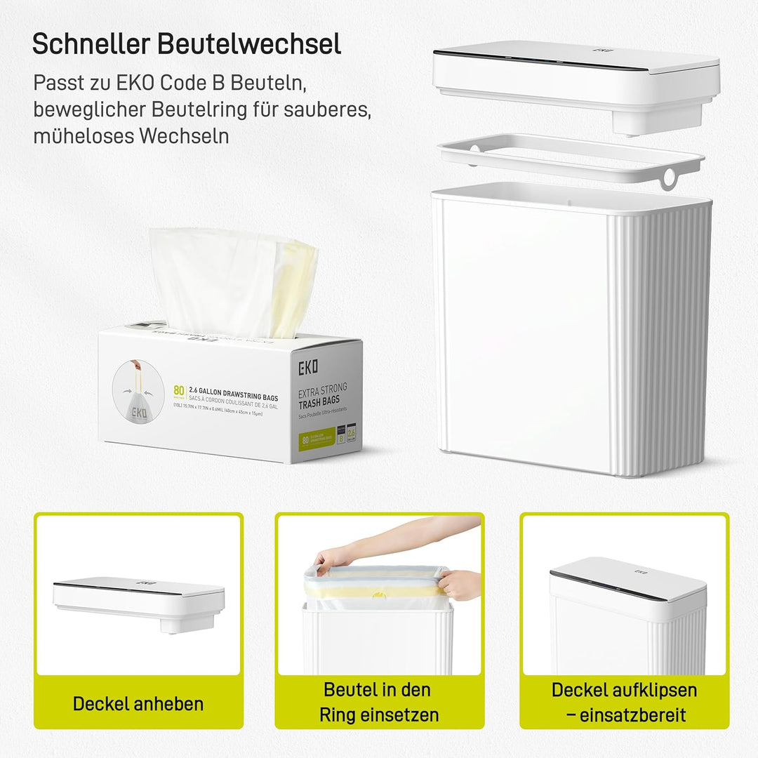 EKO Brio Sensor Mülleimer Bad 10L, Automatischer Berührungsloser Badezimmer-Mülleimer, Wasserdicht,