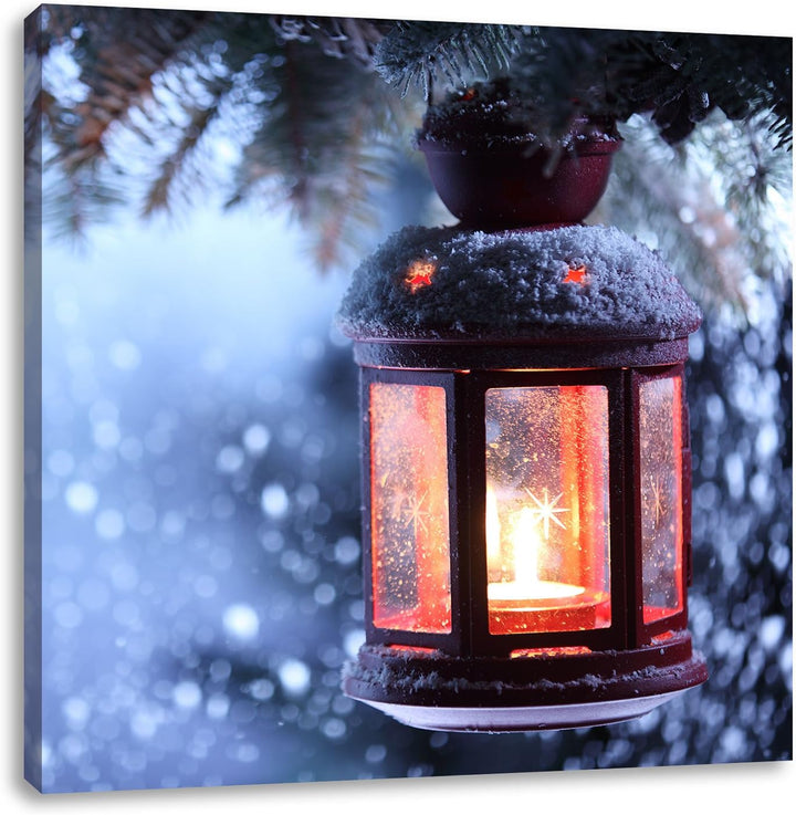 Laterne im Winter, Format: 70x70 auf Leinwand, XXL riesige Bilder fertig gerahmt mit Keilrahmen, Kun