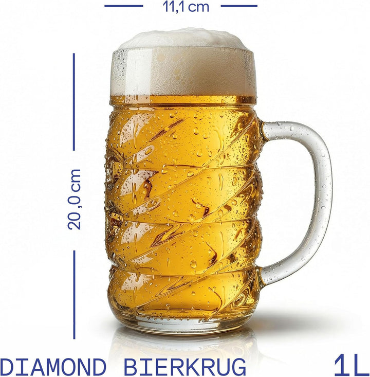 Stölzle Lausitz Bierkrug Diamond / 6er Set Bierkrüge 1 Liter mit Schild/Stabiler Bier Krug/Masskrug