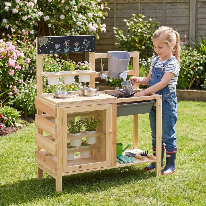 COSTWAY Matschküche Kinder, Outdoor Spielküche mit Herd, Spüle, Wassertank, Pflanztöpfen und Kreidet