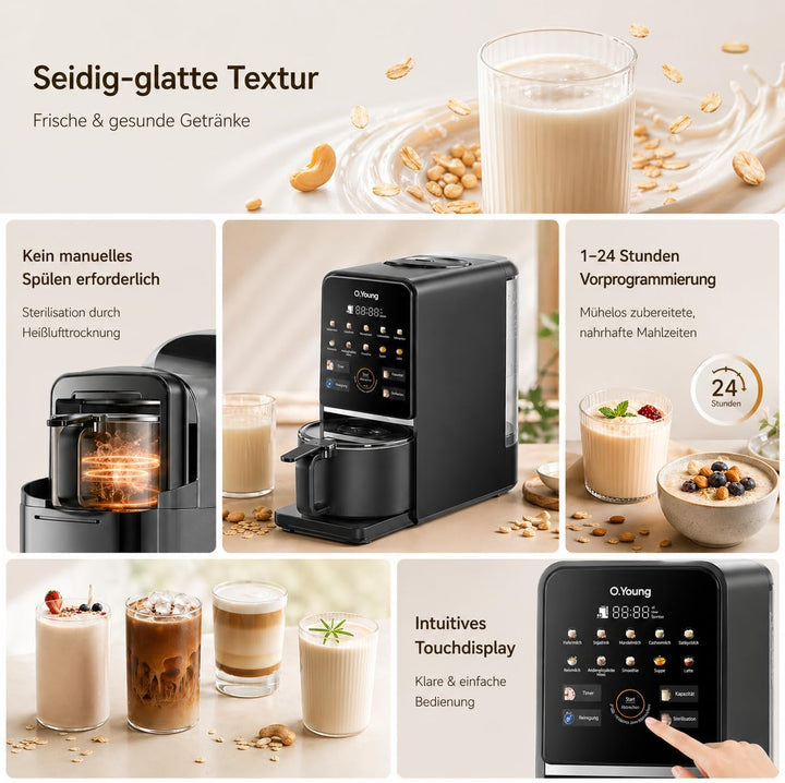 O.Young selbstreinigender Pflanzenmilch-Maker 1,2L Nussmilchmaschine mit Heissdampf-Selbstreinigung,