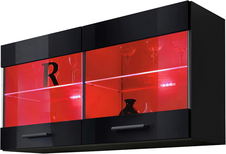 Komodee, Vitrine Schrank Savona, Schwarz/Schwarz, Breite 100cm x Höhe 50cm x Tiefe 30cm, LED RGB, 2