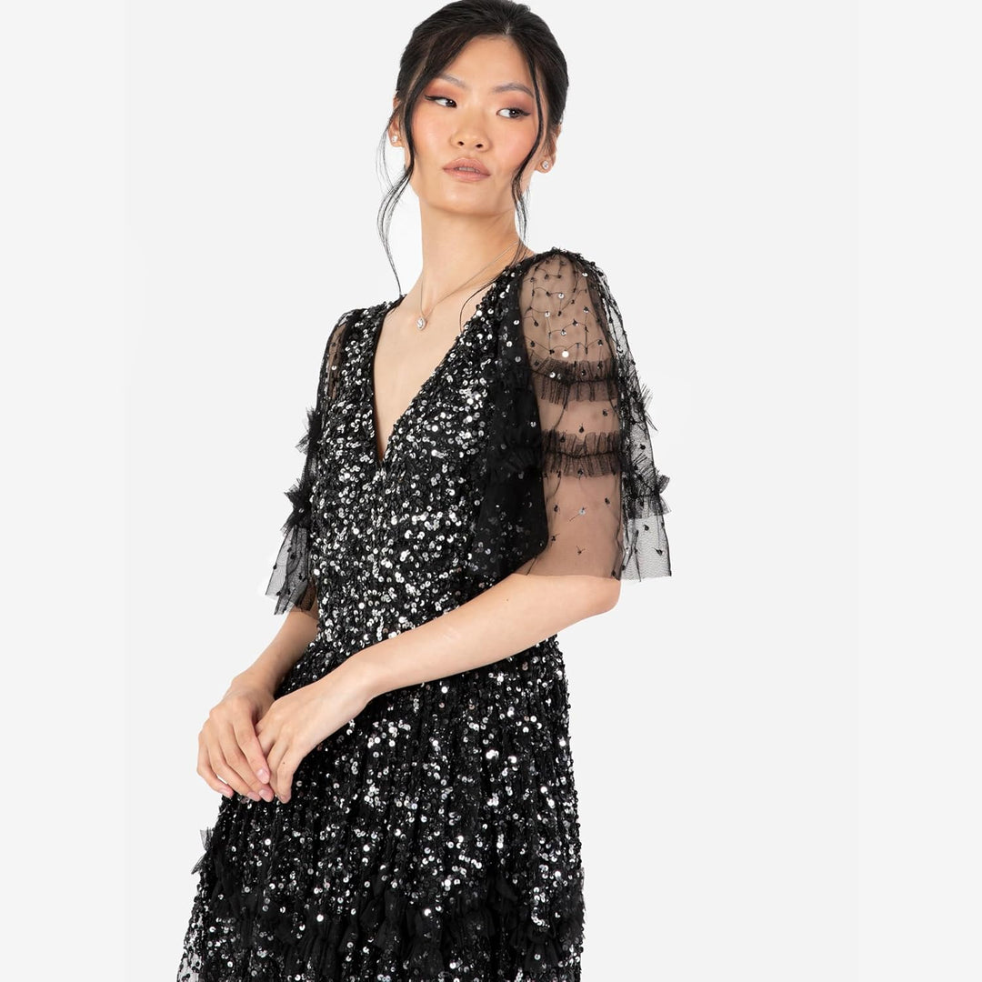 Maya Deluxe Damen Women's Maxi Dress Ladies V-Neck Sequin Embellished Ruffle Detail for Wedding Gues