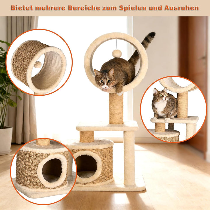 Kratzbaum Modern mit Sisal Kratzsäulen & Handgestrickter Höhle – Stabiler Katzenbaum aus Natürlichem