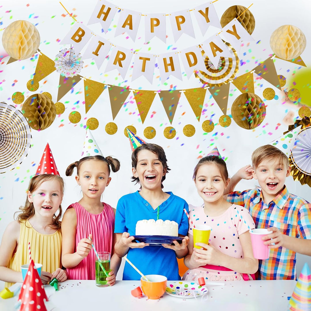 Meowoo Geburtstagsdeko, Weissgold Geburtstag Party Deko - Happy Birthday Girlande, Wimpelkette, Wabe