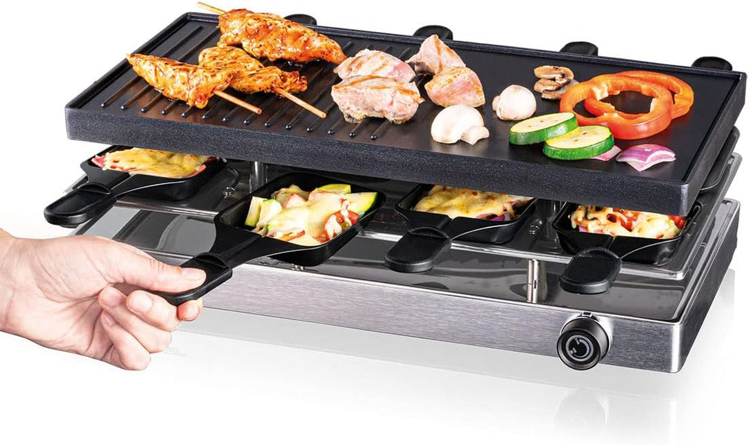 Cloer 6458 Raclettegrill mit Aluminium-Druckguss Platte, 1200 W, 8 antihaftbeschichtete Raclettepfän